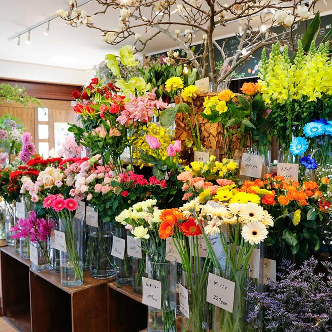 ピンクやオレンジ、ブルーなどカラフルな花が所狭しと並ぶ『はなも』の切り花売り場。ガーベラやバラなどの名札が添えられている